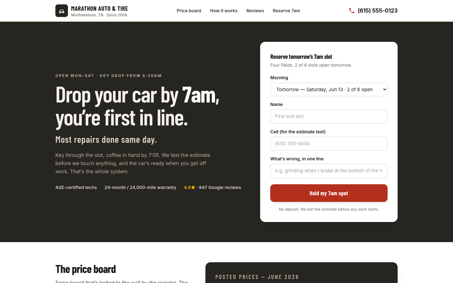 Auto Repair — First in Line by 7am — captured preview